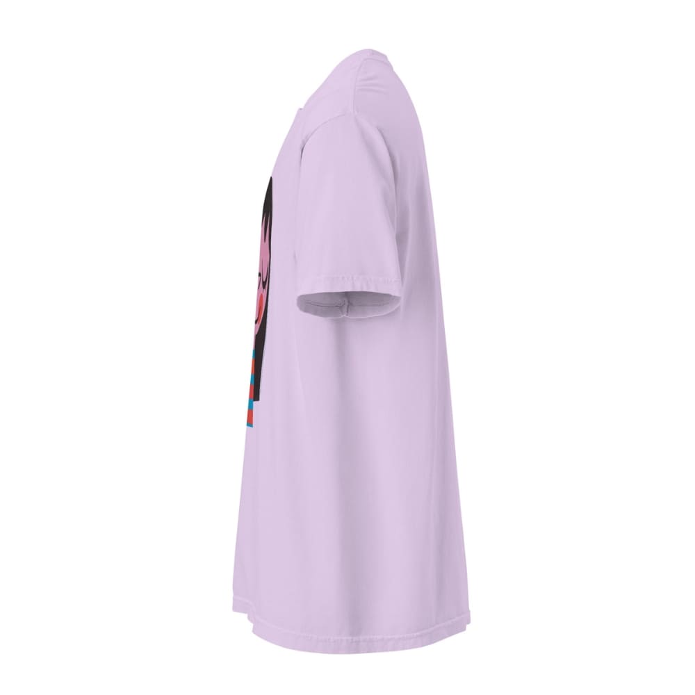 Light purple t-shirt with a colorful graphic on a white background