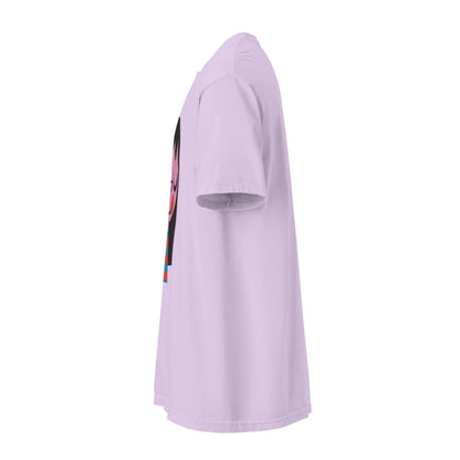 Light purple t-shirt with a colorful graphic on a white background