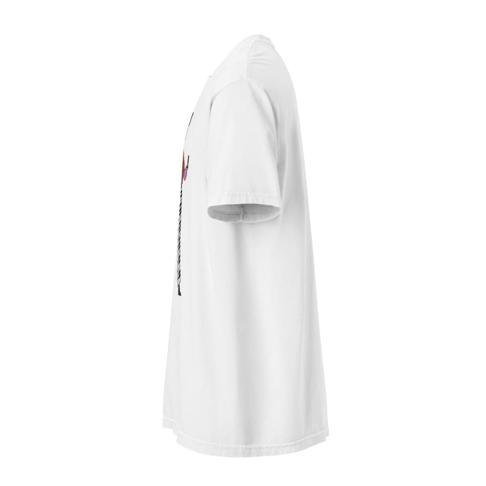 White t-shirt with a small graphic on a white background