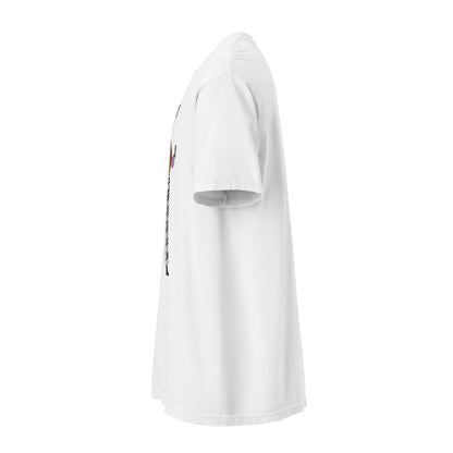 White t-shirt with a small graphic on a white background