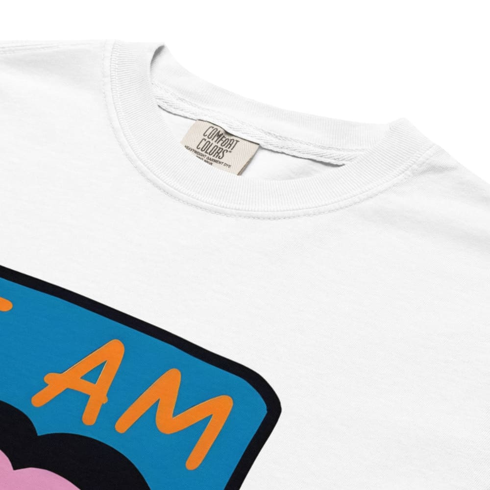 White t-shirt with a colorful graphic and 'AM' text on a white background