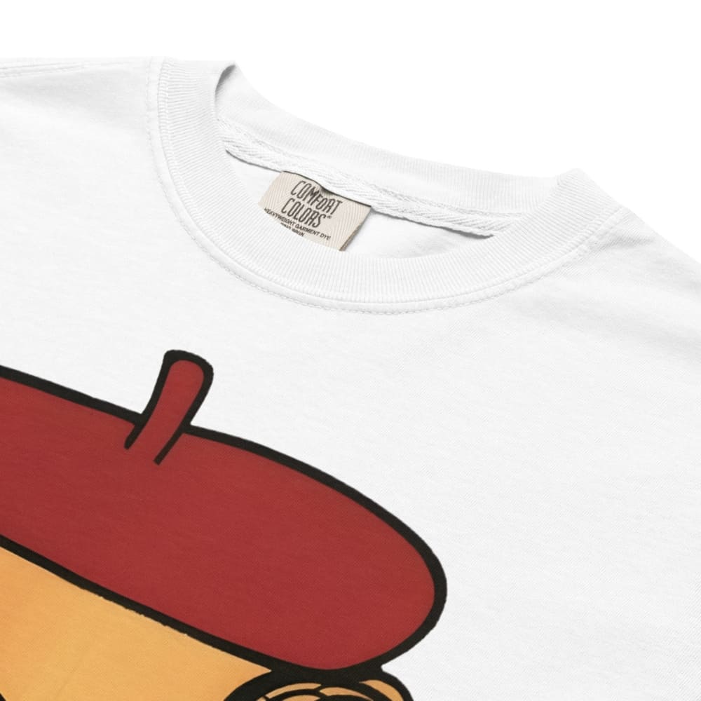 White t-shirt with a large red and brown graphic on a white background