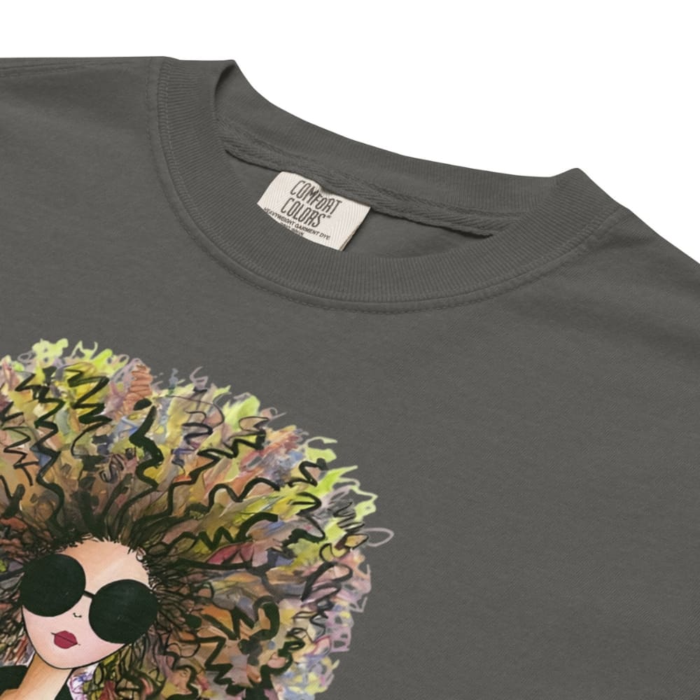 Pepper-gray t-shirt with a colorful afro graphic and 'Comfort Colors' label.