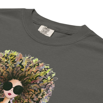 Pepper-gray t-shirt with a colorful afro graphic and 'Comfort Colors' label.