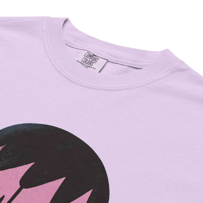 Light purple t-shirt with black and pink design on a white background