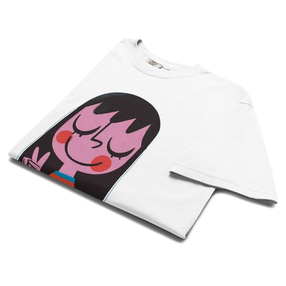 White t-shirt with a colorful graphic design on a white background