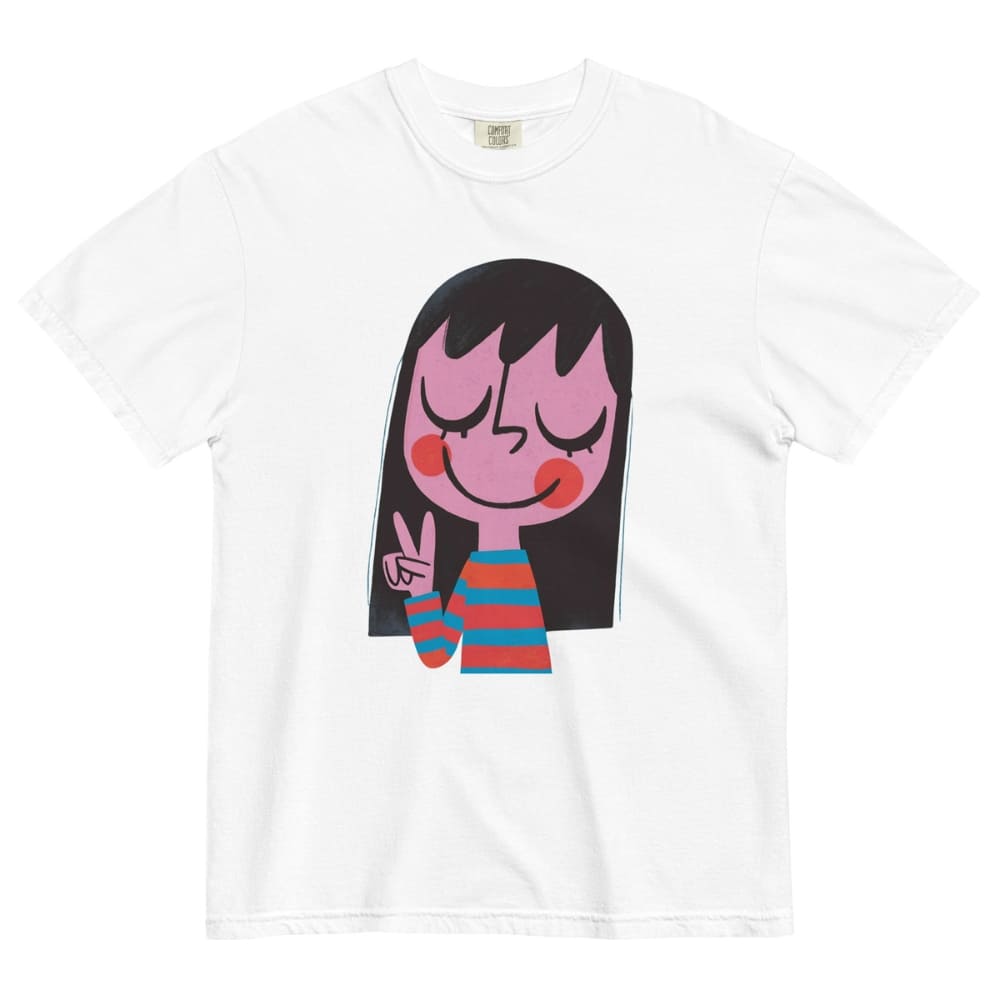 White t-shirt with a cartoon character design on a white background