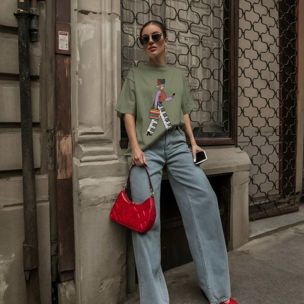 Woman wearing a green t-shirt with a colorful design, blue jeans, and red shoes, holding a red handbag, standing against a textured wall.