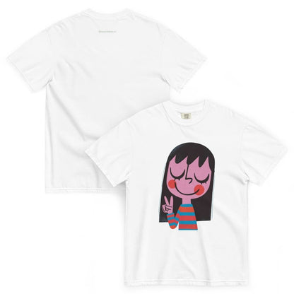 White t-shirt with a cartoon character design on a white background