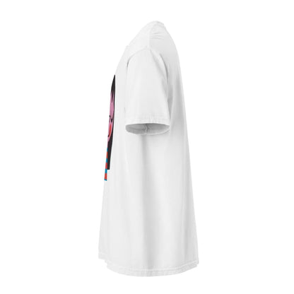 White t-shirt with a colorful graphic on the sleeve against a white background