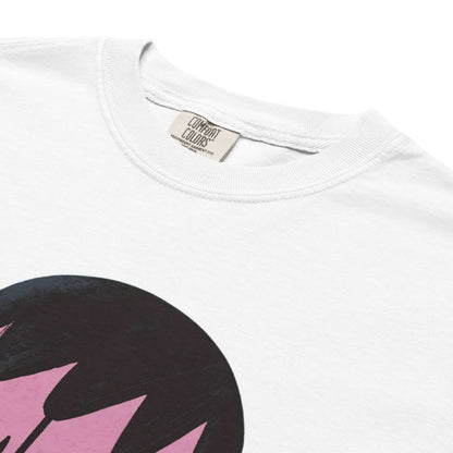 White t-shirt with black and pink design and 'Comfort Colors' label.