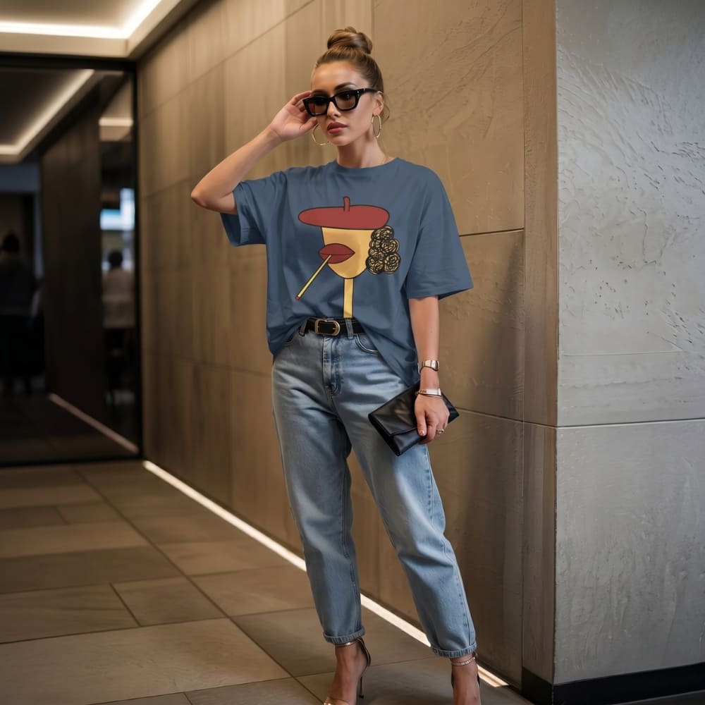 Woman wearing a graphic t-shirt and jeans in an indoor setting