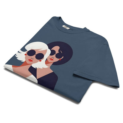 Blue t-shirt with graphic design of two stylized women on a white background