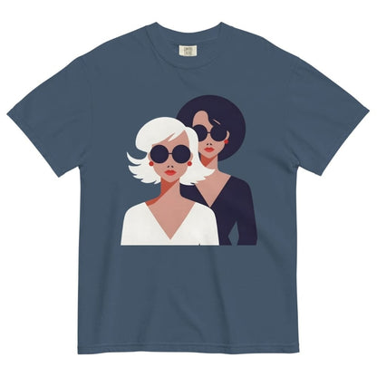 Navy blue t-shirt with graphic of two women wearing sunglasses on a white background