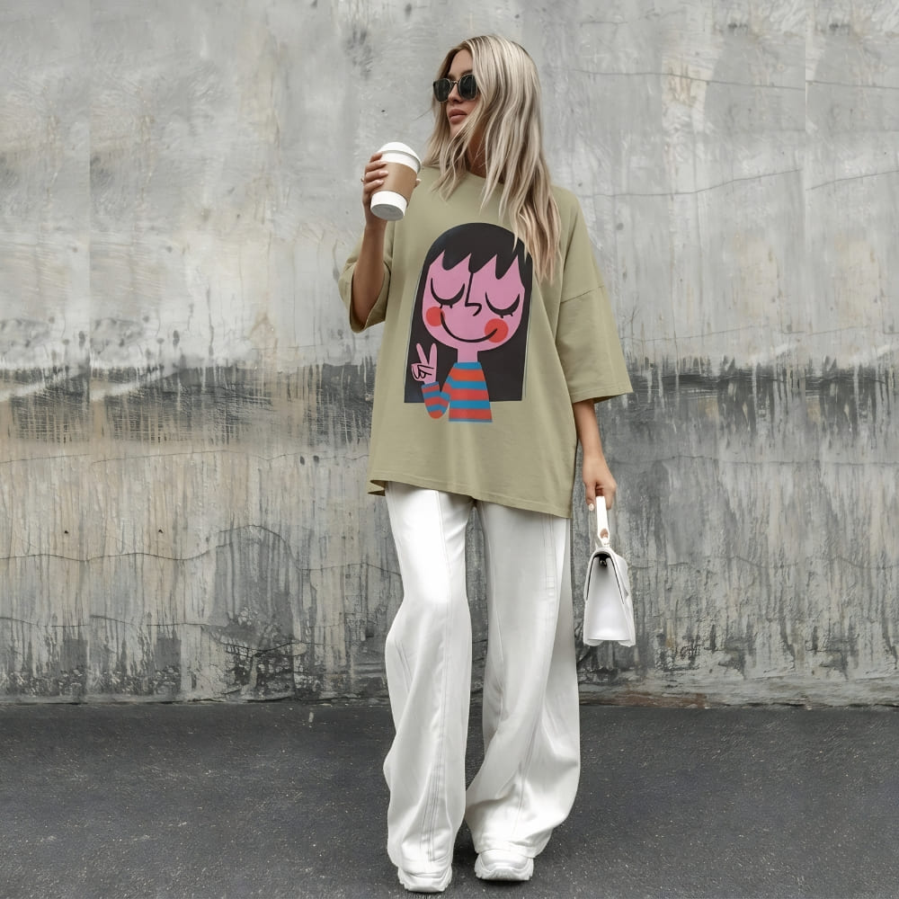 Woman wearing a graphic t-shirt and white pants, standing against a textured wall.