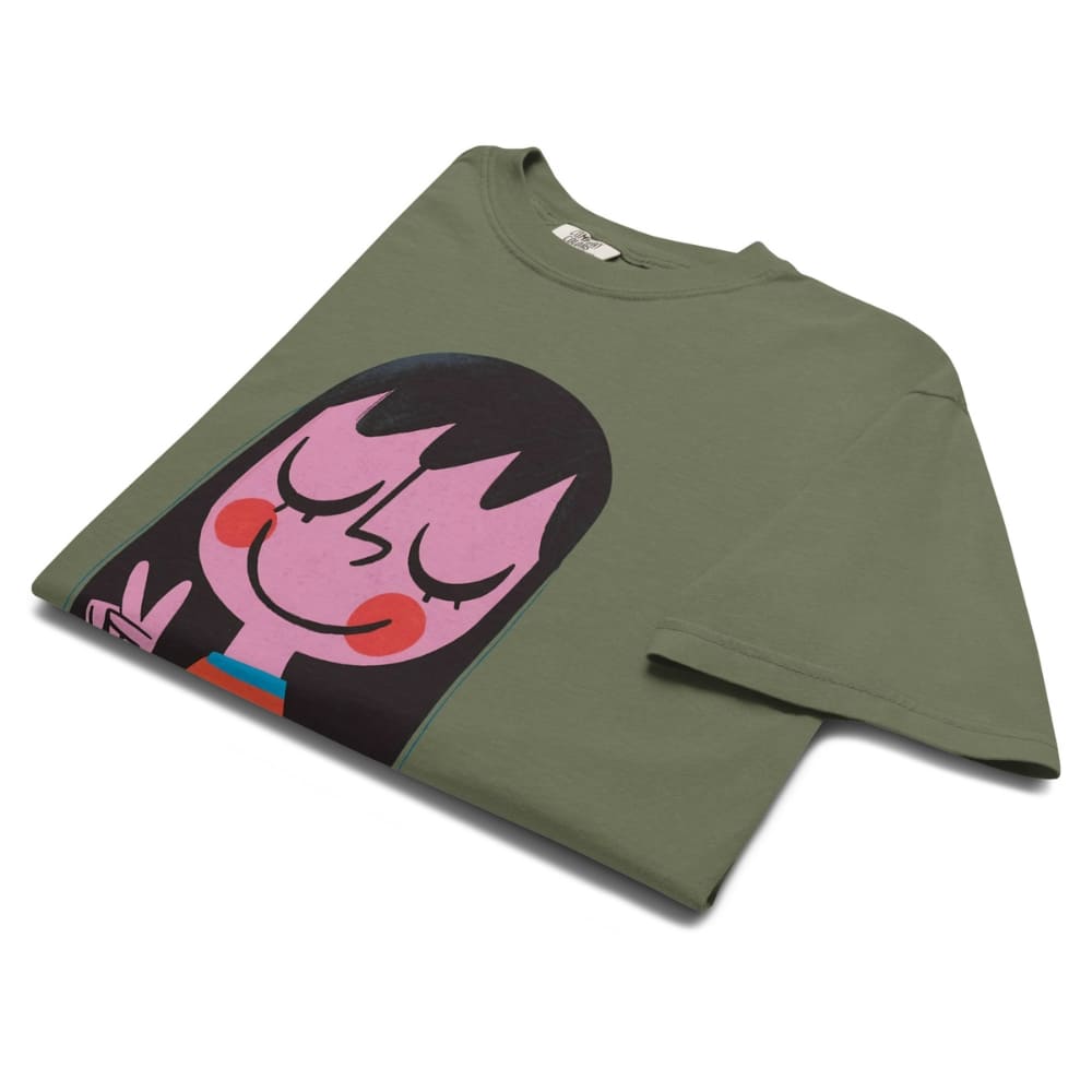 Green t-shirt with a colorful graphic design on a white background