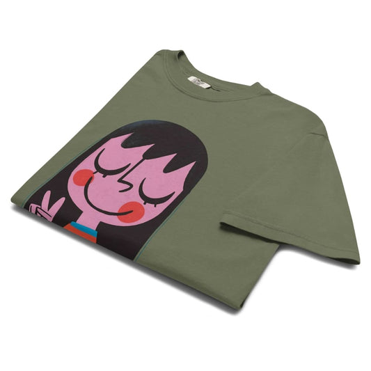 Green t-shirt with a colorful graphic design on a white background
