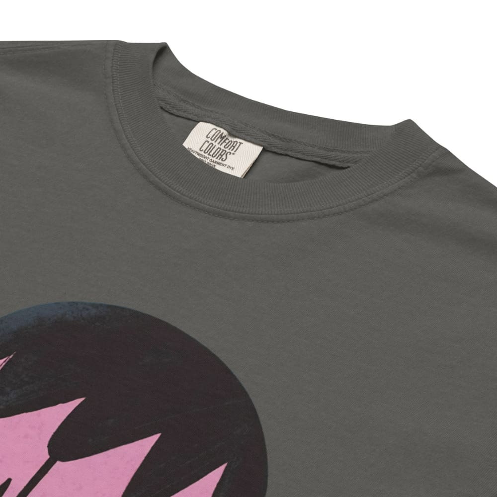 Gray t-shirt with a black and pink graphic design on a white background