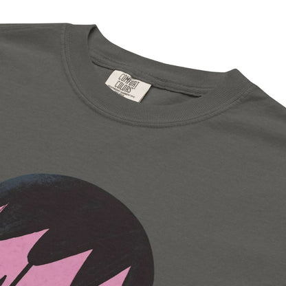 Gray t-shirt with a black and pink graphic design on a white background