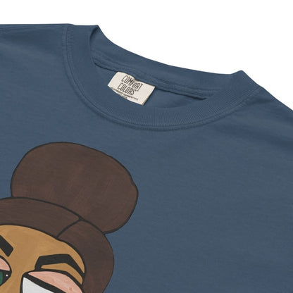Mid-night blue t-shirt with a cartoon character design and 'Comfort Colors' label.