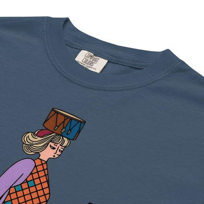 Midnight blue t-shirt with a colorful graphic of a person holding a drum on a white background