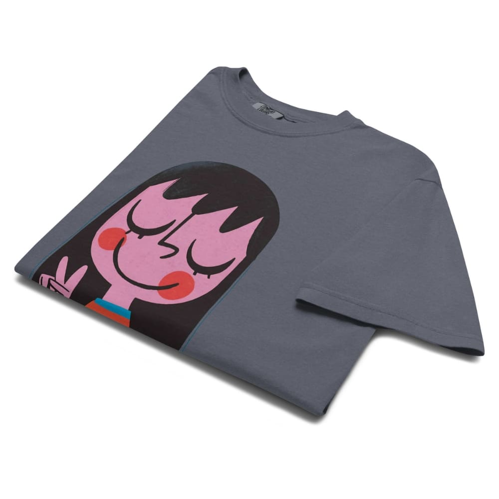 Gray t-shirt with a colorful graphic design on a white background