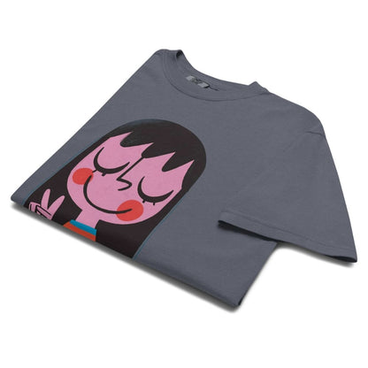 Gray t-shirt with a colorful graphic design on a white background