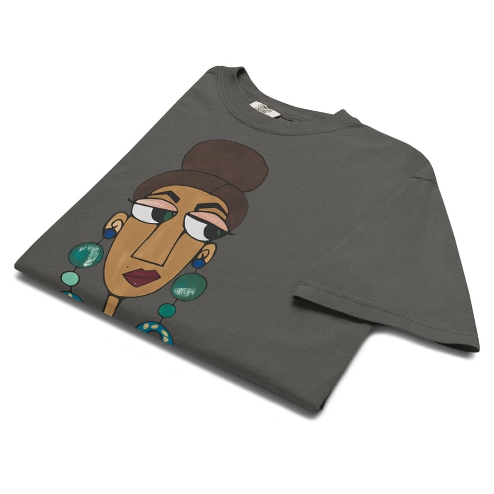 Gray t-shirt with a colorful graphic of a woman's face on a white background