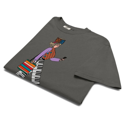 Pepper gray t-shirt with a colorful graphic of a person playing a keyboard on a white background