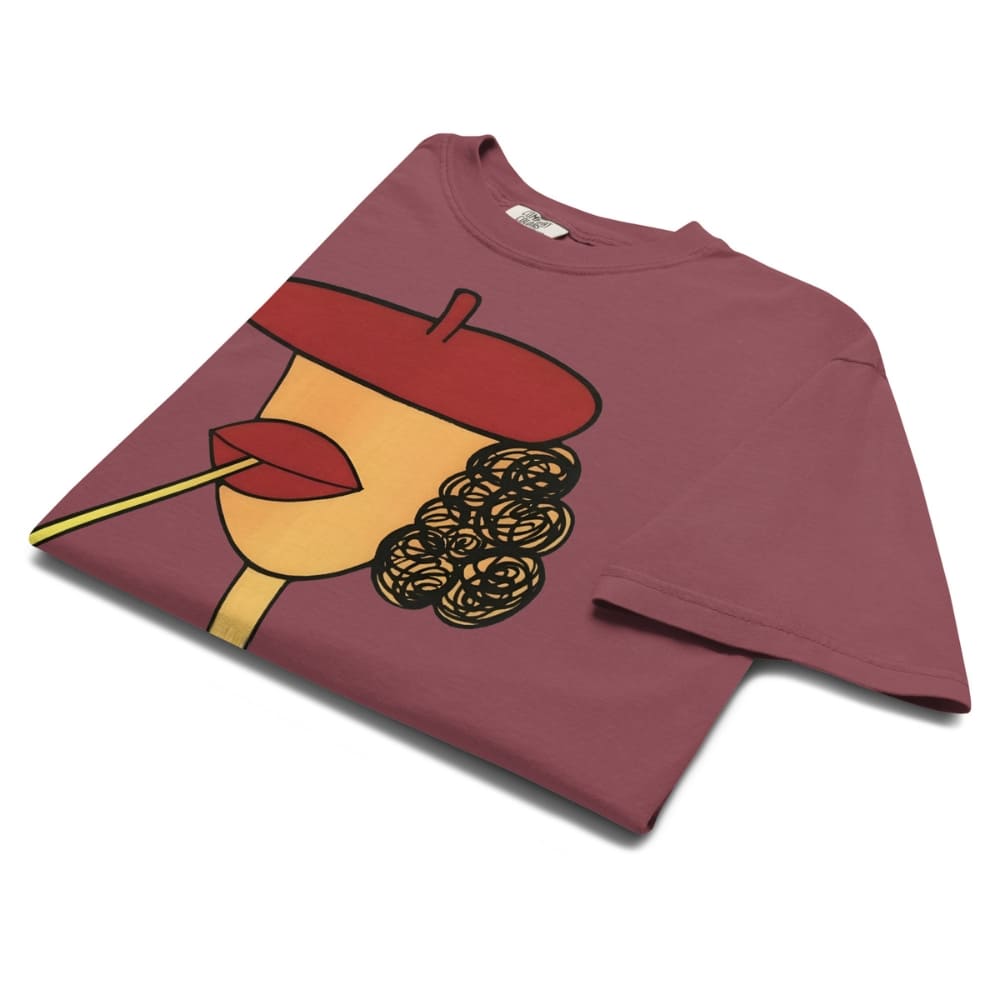 Brick t-shirt with graphic design of a face wearing a red beret on a white background