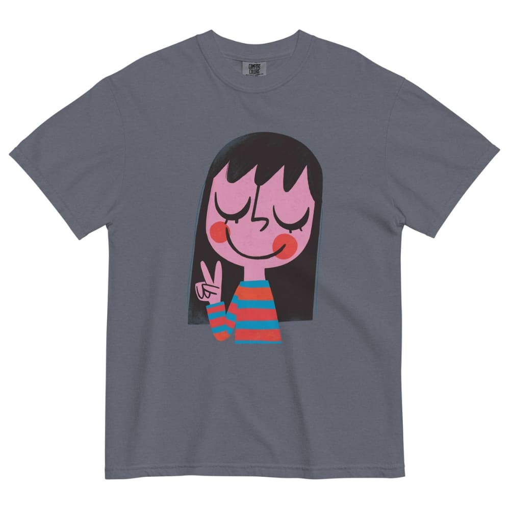 Gray t-shirt with a cartoon character design on a white background