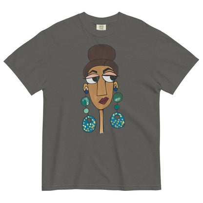 Gray t-shirt with a stylized face design featuring large earrings on a white background