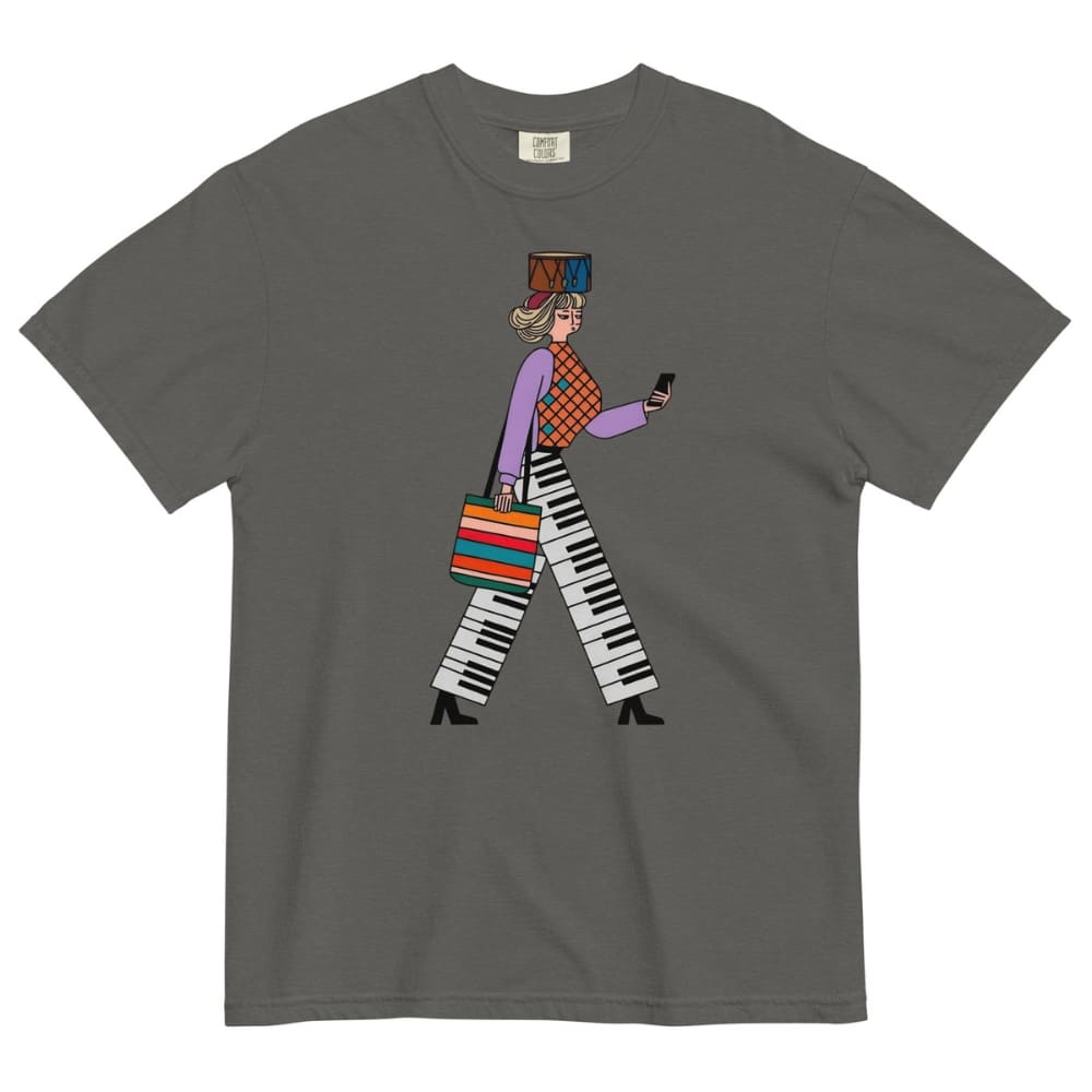 Pepper gray t-shirt with a colorful graphic of a person walking on a white background