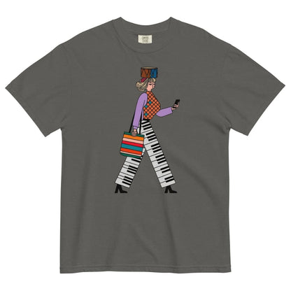 Pepper gray t-shirt with a colorful graphic of a person walking on a white background