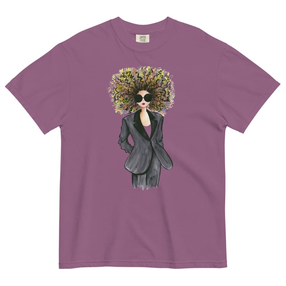 Berry-purple t-shirt with a graphic of a woman with flowers in her hair on a white background