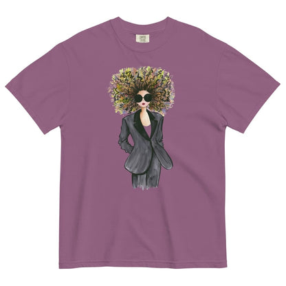 Berry-purple t-shirt with a graphic of a woman with flowers in her hair on a white background