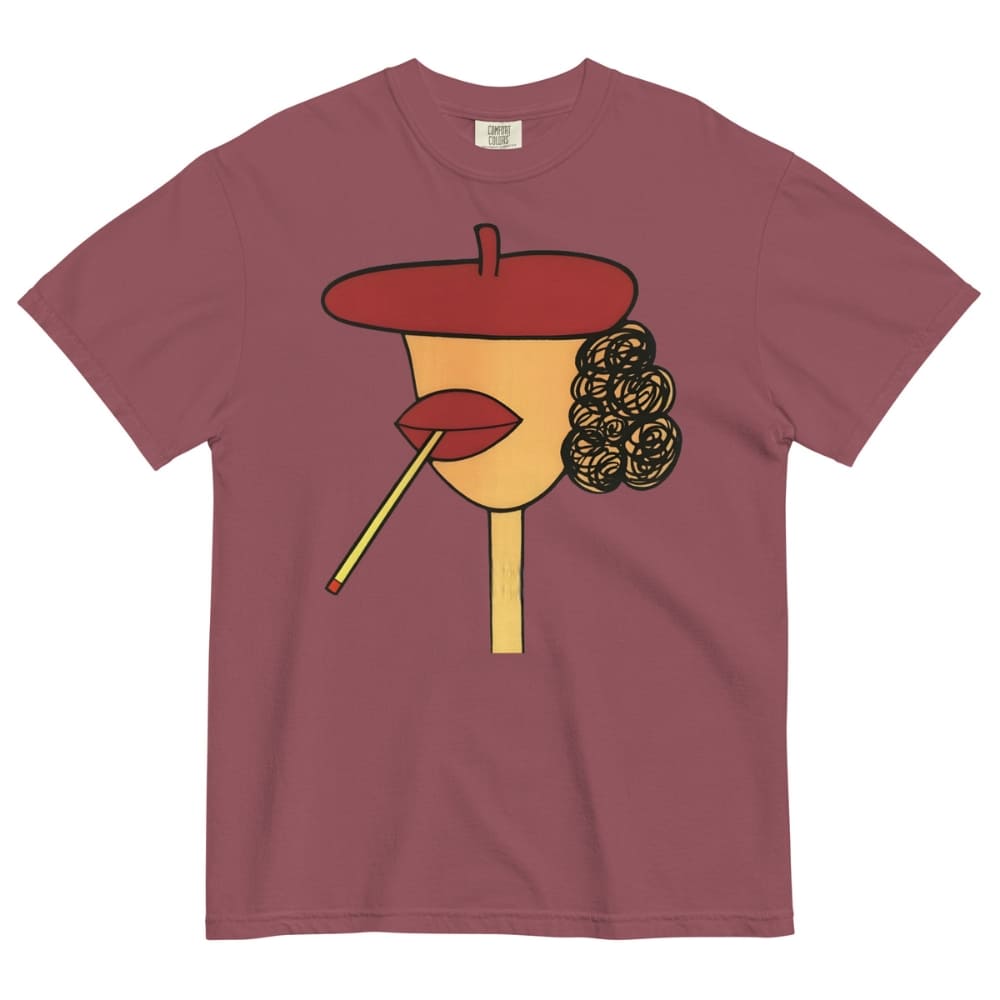 Brick t-shirt with a graphic of a face wearing a red beret, holding a cigarette, on a white background.