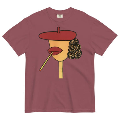 Brick t-shirt with a graphic of a face wearing a red beret, holding a cigarette, on a white background.