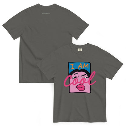 Pepper gray t-shirt with graphic design and text 'I AM Cool' on a white background