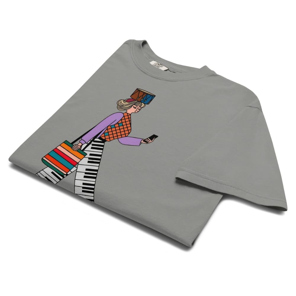 Gray t-shirt with colorful graphic design on a white background