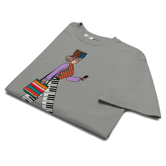 Gray t-shirt with colorful graphic design on a white background