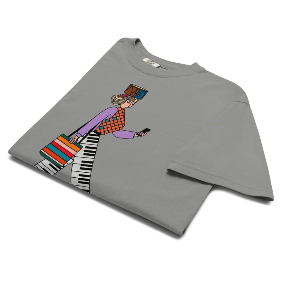 Gray t-shirt with colorful graphic design on a white background