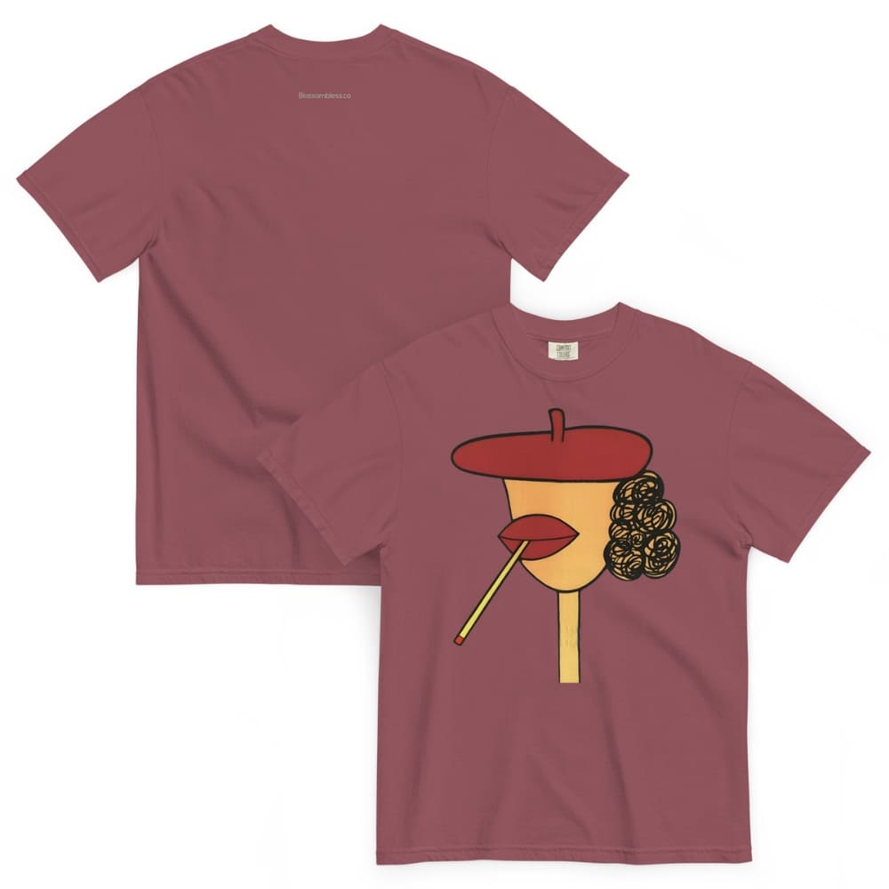 Brick t-shirt with a graphic design of a face wearing a beret and smoking a cigarette on a white background.