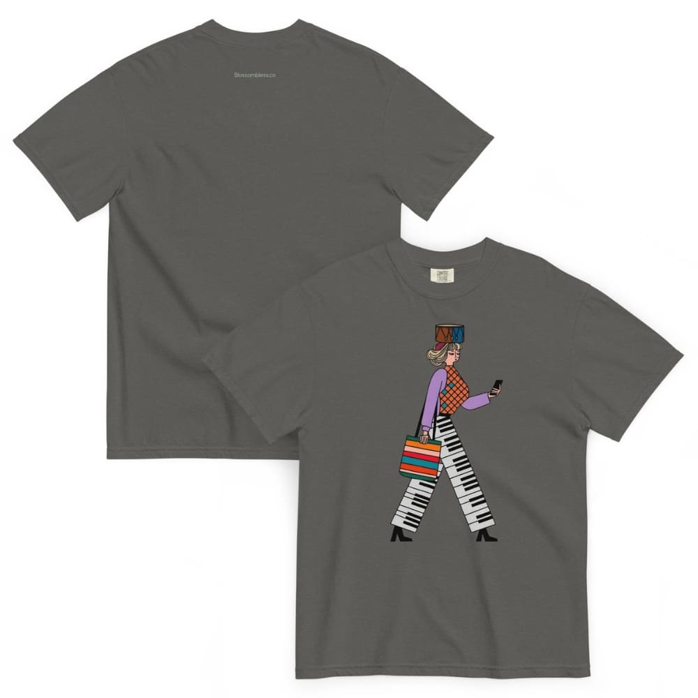 Pepper gray t-shirt with a colorful graphic design of a person walking on a white background