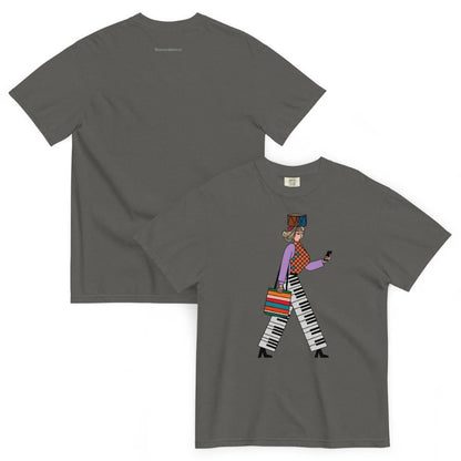 Pepper gray t-shirt with a colorful graphic design of a person walking on a white background