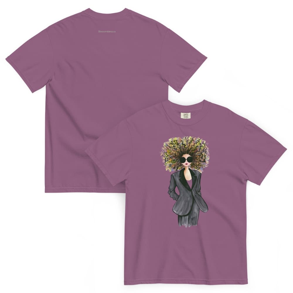 Berry-purple t-shirt with a graphic design of a person with a floral headpiece on a plain background