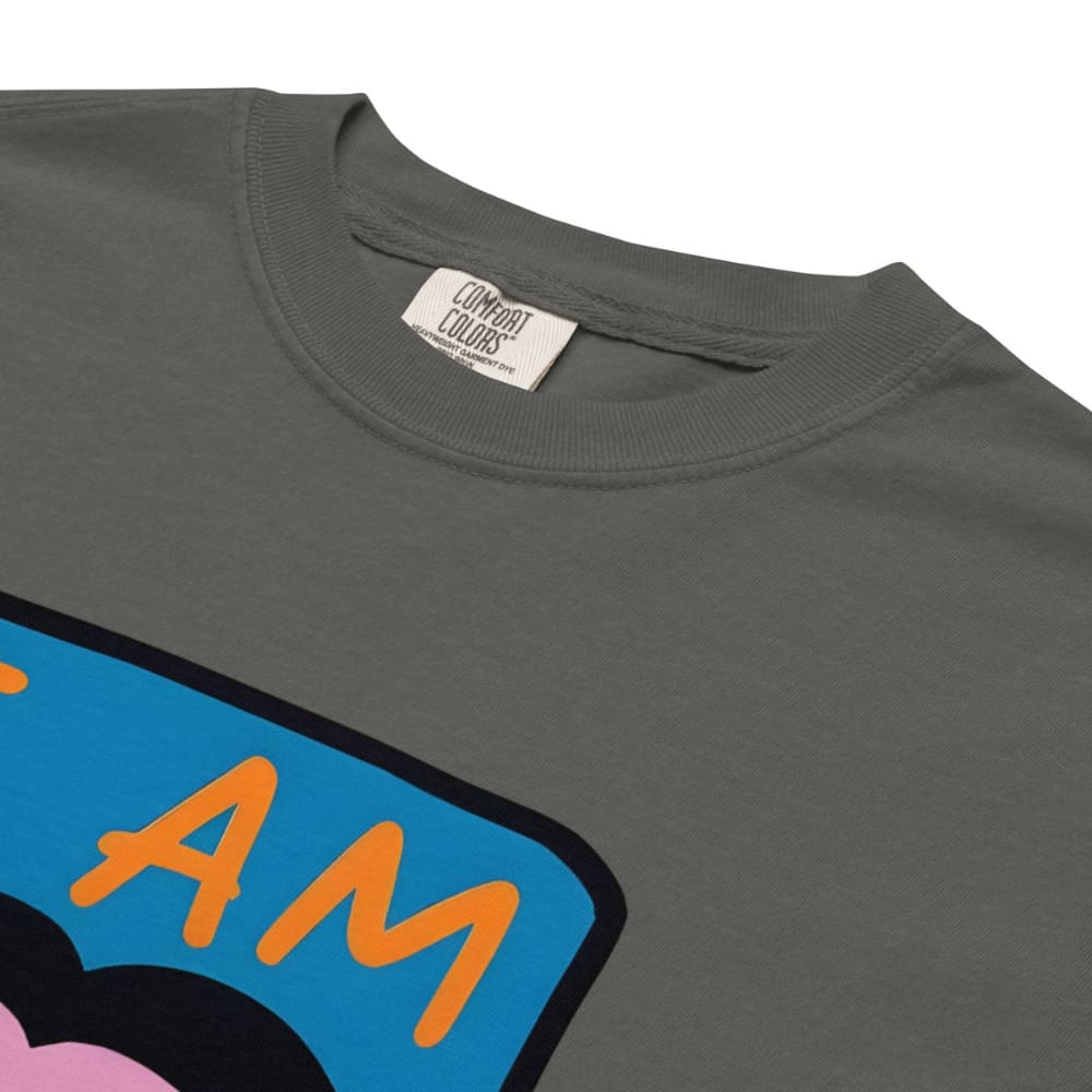 Pepper gray t-shirt with colorful graphic design and 'Comfort Colors' label.