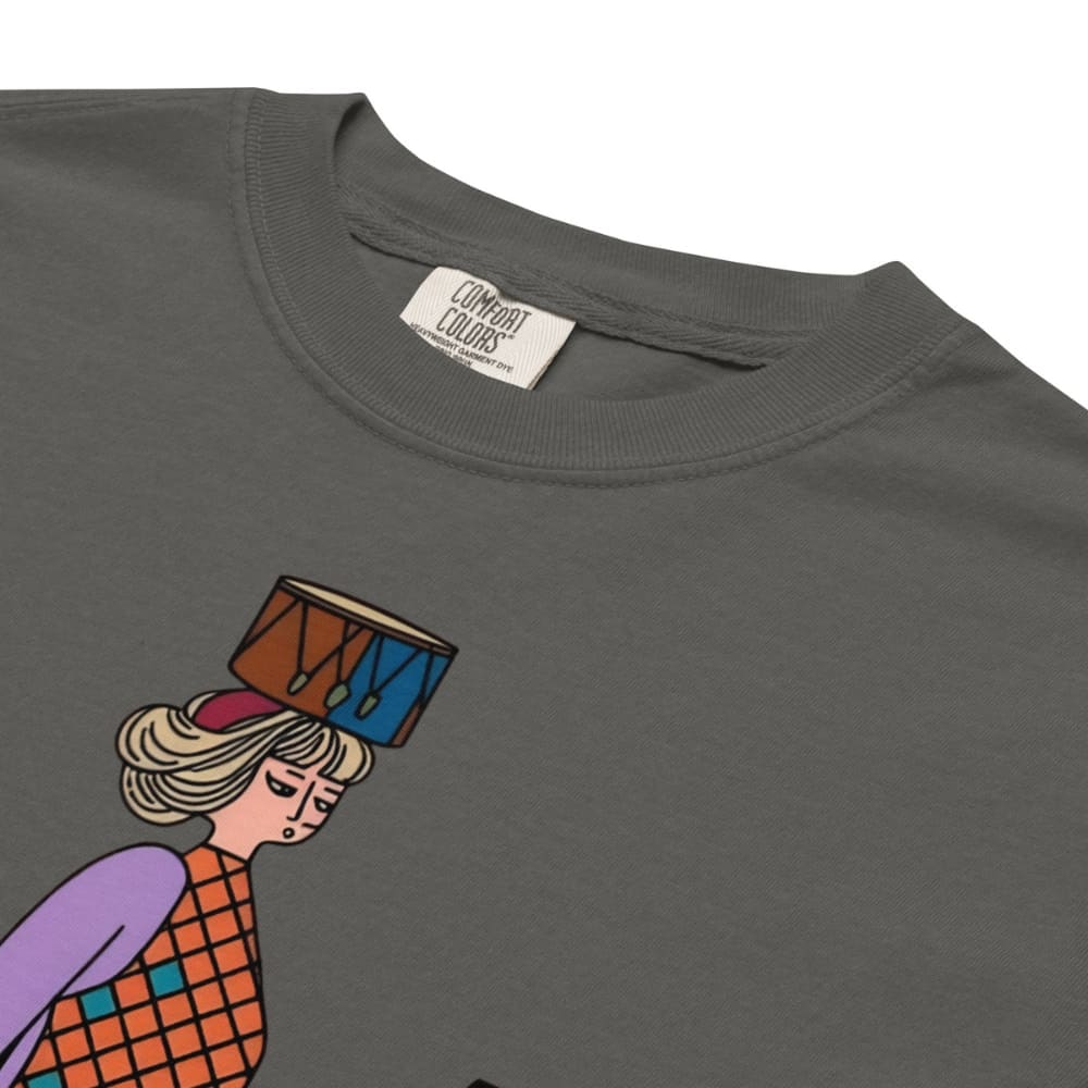 Pepper gray t-shirt with a colorful graphic of a person holding a drum on a white background
