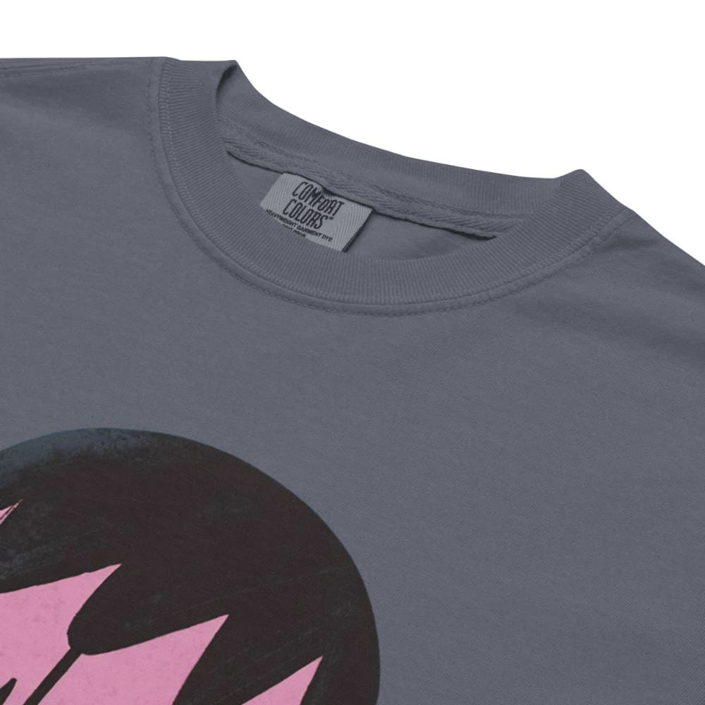 Gray t-shirt with a black and pink graphic design on a white background