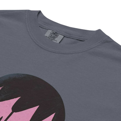 Gray t-shirt with a black and pink graphic design on a white background